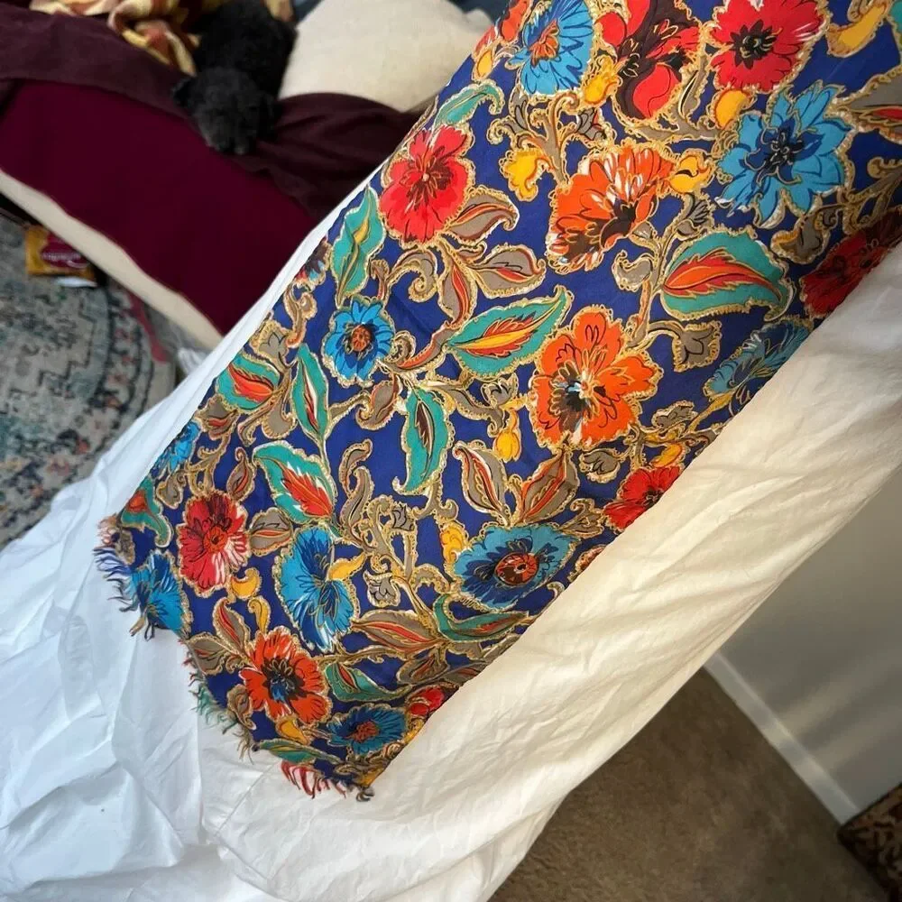 VTG Silk Scarf Jewel Tone Floral Gold Accents Long Fringe Wrap 80x10